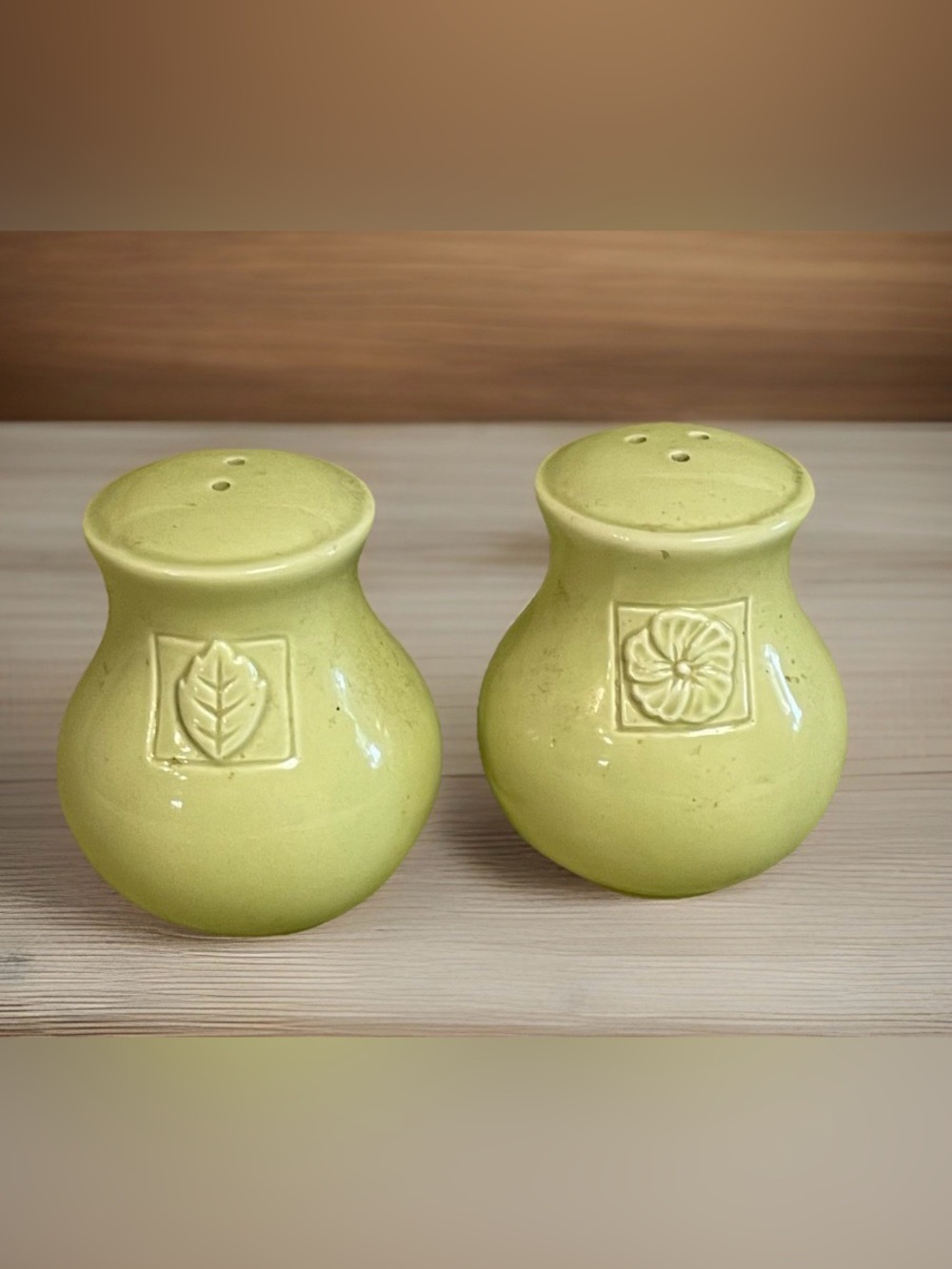Enesco Country Gate Light Green Salt & Pepper Shaker Set Flower Leaf Design